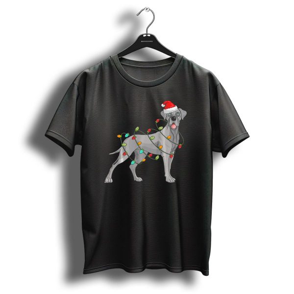 Great Dane Wrapped In Christmas Lights With Santa Hat T Shirt 1 t shirt 1