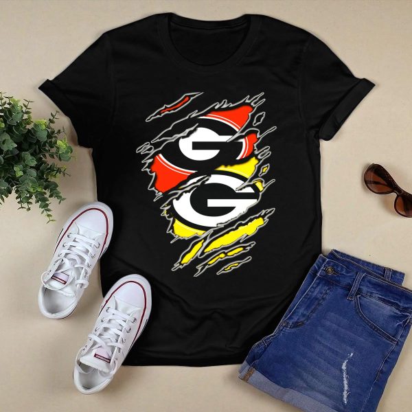 Green Bay Packers Georgia Bulldogs Dual Logo Rip Claw Marks T Shirt 1