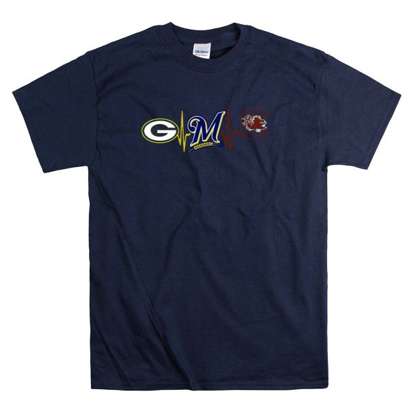 Green Bay Packers Milwaukee Brewers South Carolina Gamecocks Heartbeat T Shirt 1 Navy