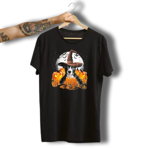 Grey Pit Bull Halloween Dog Witch With Pumpkins And Full Moon T Shirt t shirt 1