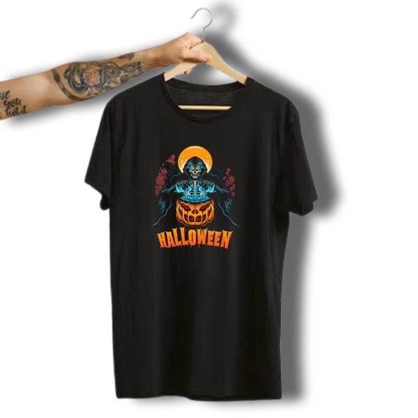 Grim Reaper With Pumpkin And Full Moon Halloween T Shirt t shirt 1