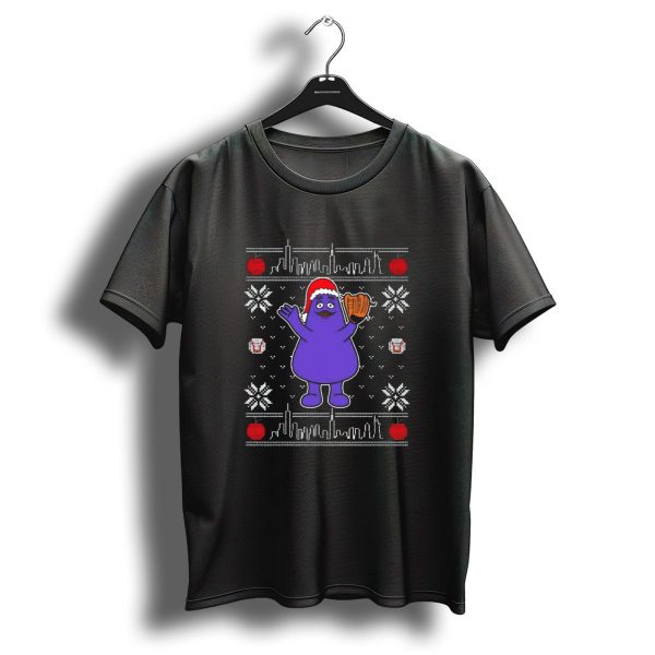 Grimace Christmas 2024 Ugly Sweater Skyline Snowflakes Santa Hat Purple Character T Shirt 1 t shirt 1