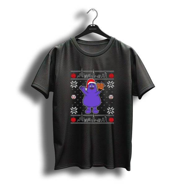 Grimace Christmas 2025 Ugly Sweater Skyline Snowflakes Santa Hat Purple Character T Shirt t shirt 1