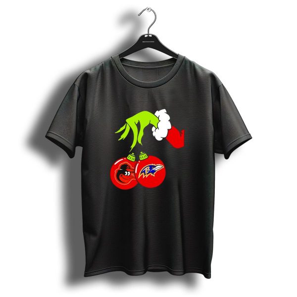 Grinch Hand Holding Baltimore Ravens And Orioles Christmas Ornaments T Shirt 1 t shirt 1