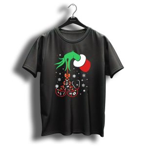 Grinch Hand Holding Nurse Themed Christmas Tree With Medical Icons T-Shirt