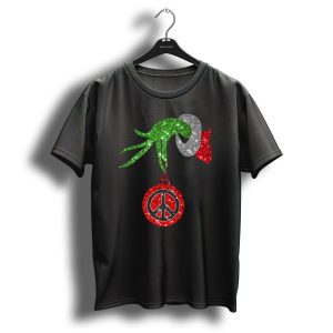 Grinch Hand Holding Peace Sign Ornament Christmas Hippie T-Shirt