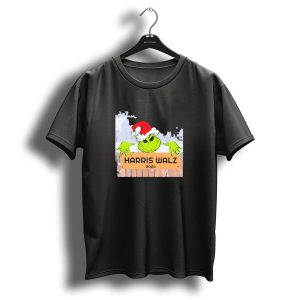 Grinch Harris Walz 2024 Christmas Santa Hat Fence Peeking T-Shirt