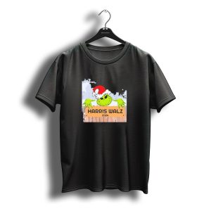 Grinch Harris Walz 2025 Christmas Santa Hat Fence Peeking T-Shirt