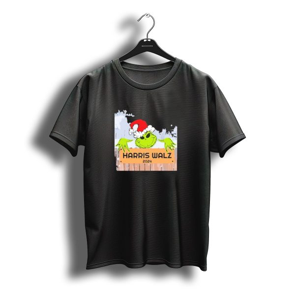 Grinch Harris Walz 2025 Christmas Santa Hat Fence Peeking T Shirt t shirt 1