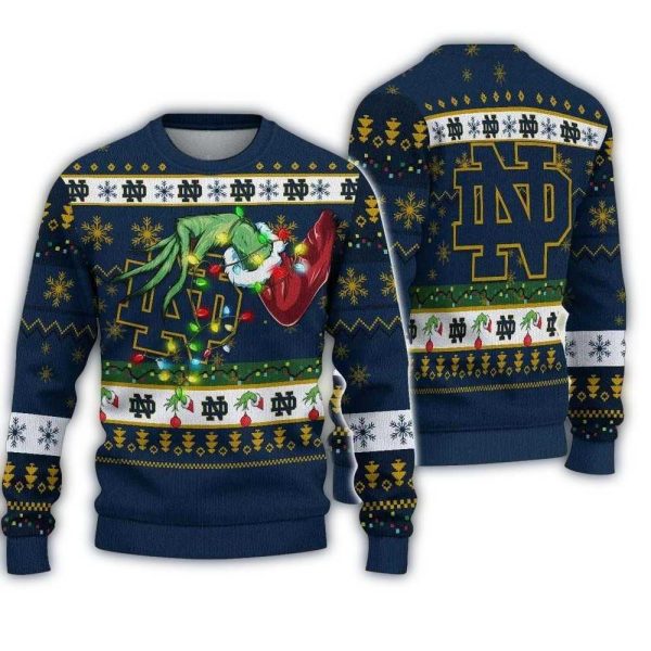 Grinch Hold Logo Notre Dame Fighting Irish Light Christmas Ugly Sweater 1