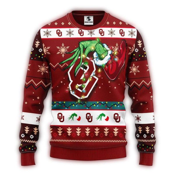 Grinch Hold Logo Oklahoma Sooners Light Christmas Ugly Sweater 1