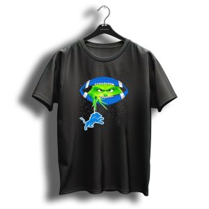 Grinch Holding Detroit Lions Logo Inside Football Christmas T-Shirt
