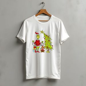 Grinch In Santa Hat And Dog With Christmas Tree And Presents T-Shirt