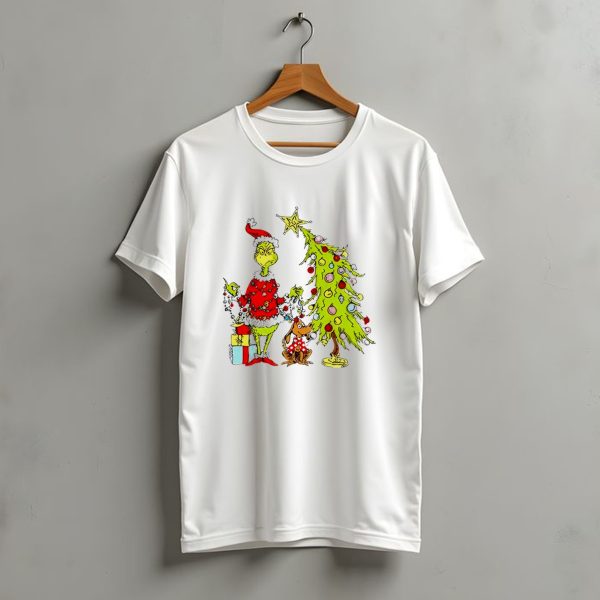 Grinch In Santa Hat And Dog With Christmas Tree And Presents T Shirt t shirt 1