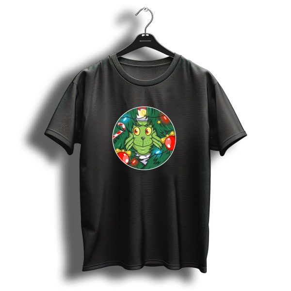 Grinch Inspired Christmas Tree Lights And Decorations Peeking Through Branches T Shirt 1 t shirt 1