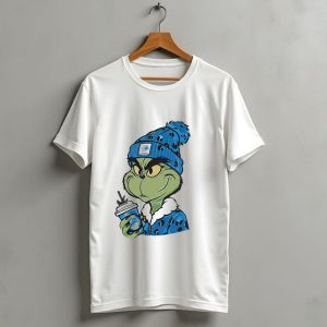 Grinch Wearing Detroit Lions Winter Outfit Holding Drink Christmas T-Shirt