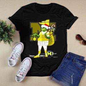 Grinchxmas Michigan Wolverines Santa Hat Football Candy Cane T-Shirt