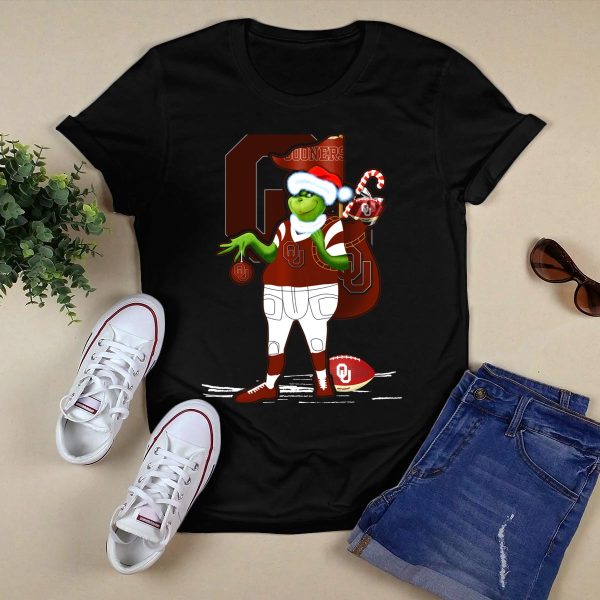 Grinchxmas Oklahoma Sooners Santa Football Sack T Shirt 1