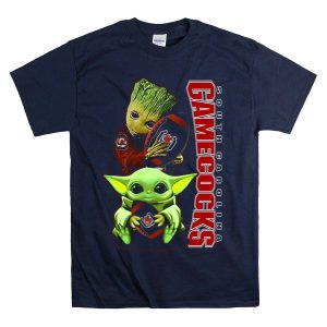 Groot And Baby Yoda Holding South Carolina Gamecocks Football T-Shirt
