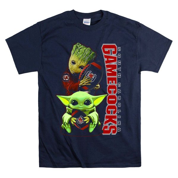 Groot and Baby Yoda Holding South Carolina Gamecocks Football T Shirt 1 Navy