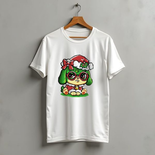 Grumpy Dog In Santa Hat With Holly And Bow For Christmas Holiday T Shirt t shirt 1