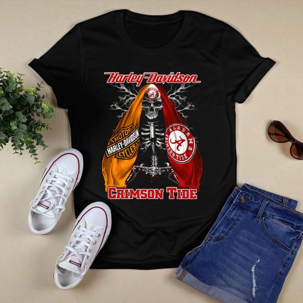 HD Alabama Crimson Tide Motorcycles Skeleton T Shirt Style 1 Black 1