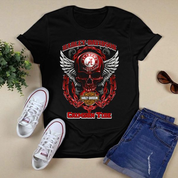 HD Alabama Crimson Tide Skull Wings Motor Cycles T Shirt Style 1 Black 1
