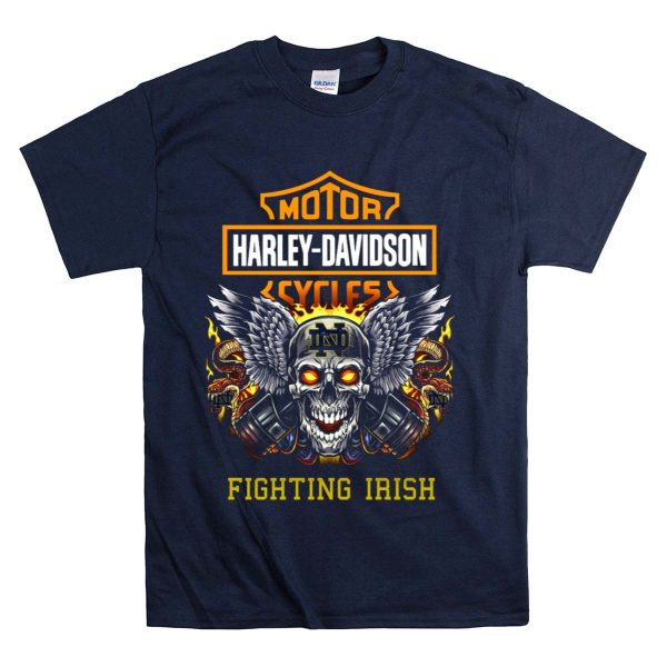 HD Cycles Notre Dame Fighting Irish Skull With Wings And Engine Pistons T Shirt Navy
