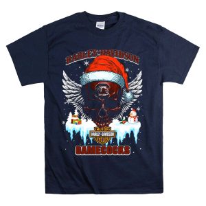 Hd Gamecocks Christmas Skull With Santa Hat And Snowman T-Shirt
