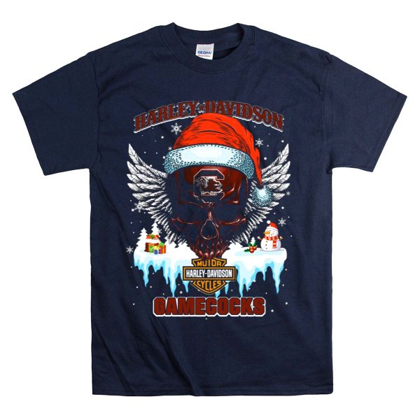 HD Gamecocks Christmas Skull With Santa Hat And Snowman T Shirt 1 Navy