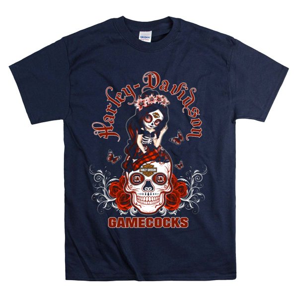 HD Gamecocks Skull With Roses And Butterflies T Shirt 1 Navy