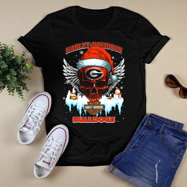 HD Georgia Bulldogs Christmas Skull With Santa Hat T Shirt 1