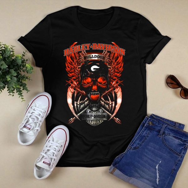 HD Georgia Bulldogs Skull Wings Motor Cycles T Shirt 1