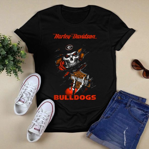 HD Georgia Bulldogs Skull With Cap T Shirt 1