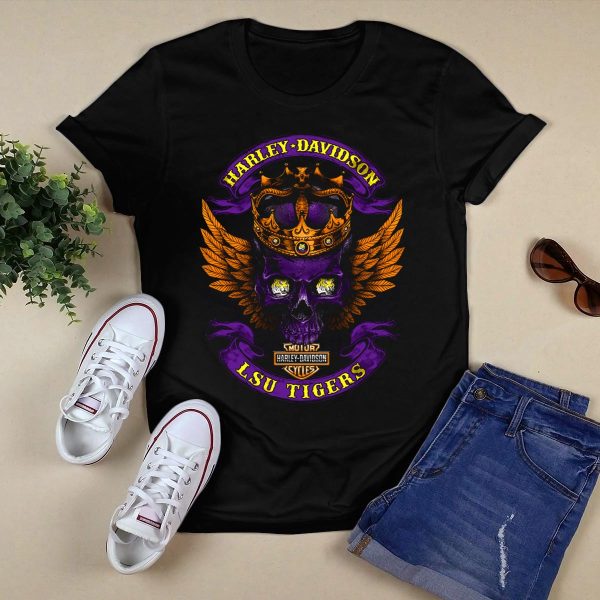 HD Lsu Tigers Skull Crown Wings T Shirt Black 1