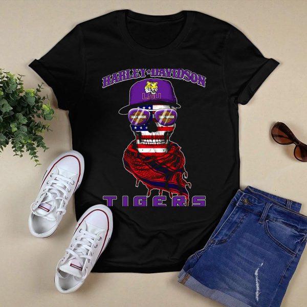 HD Lsu Tigers Skull With American Flag And Cap T Shirt Black 1