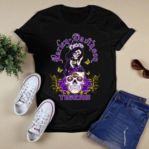 HD Lsu Tigers Skull With Purple Flowers And Butterflies T Shirt Black 1