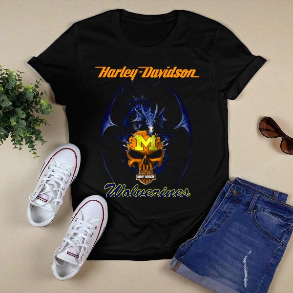 HD Michigan Wolverines Dragon Skull Motor Cycles T Shirt Black 1