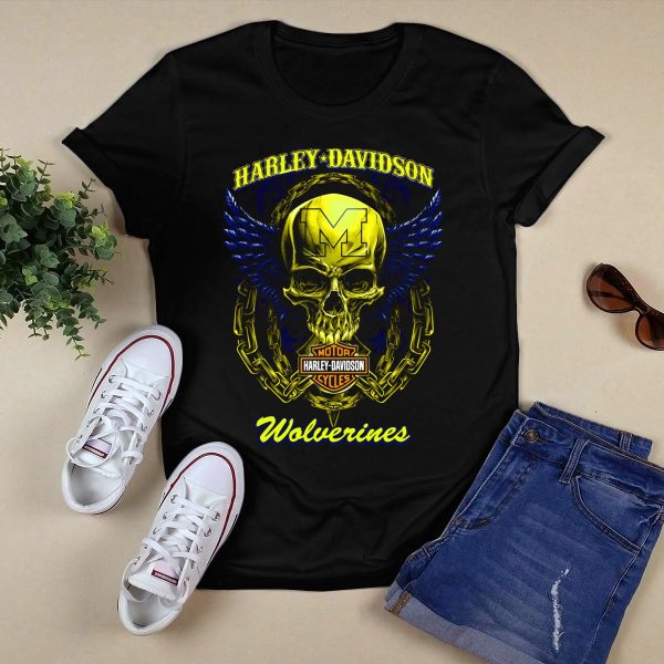 HD Michigan Wolverines Skull Logo With Chain And Wings T Shirt Black 1