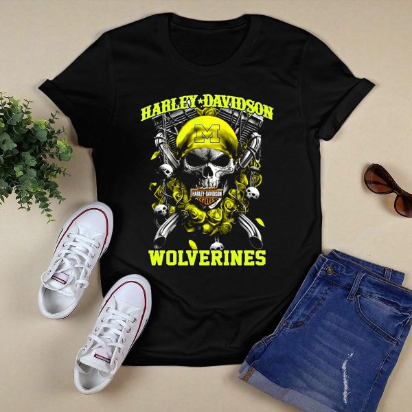 HD Michigan Wolverines Skull Rose M Cycles T Shirt Black 1