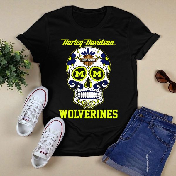 HD Motor Cycles Michigan Wolverines Skull T Shirt Black 1