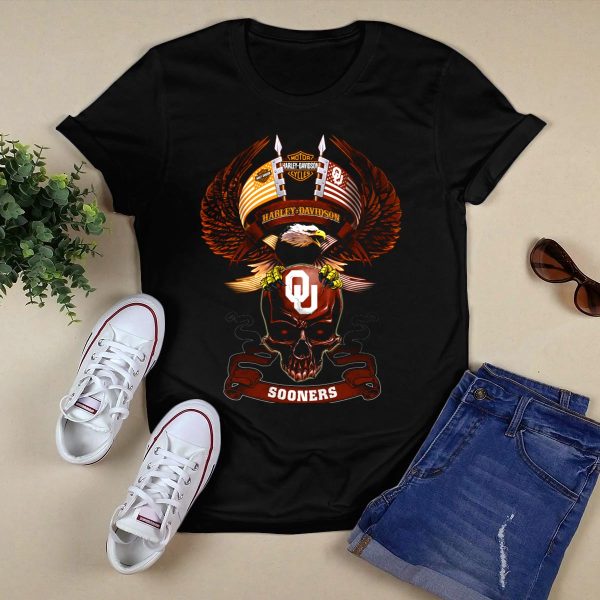 HD Motor Cycles Oklahoma Sooners Ou Bald Eagle American Flag Skulls T Shirt 1