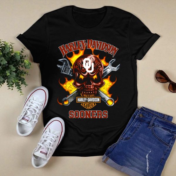 HD Motor Cycles Oklahoma Sooners Ou Skull Wrenches Flames T Shirt 1