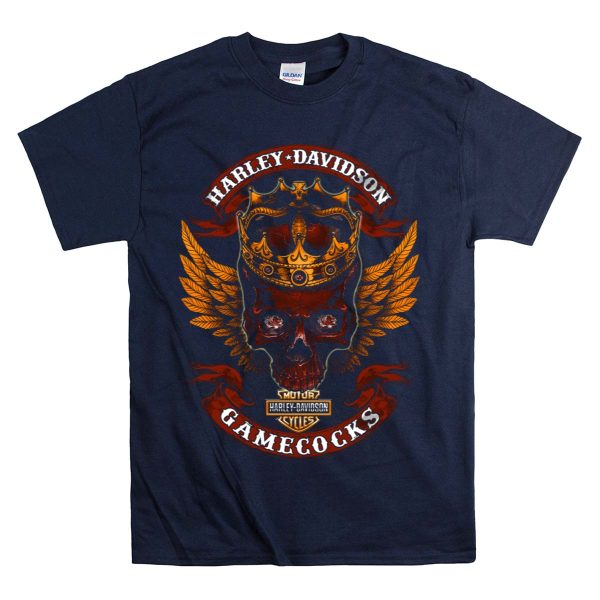 HD Motor Cycles Skull Crown Wings Gamecocks T Shirt 1 Navy