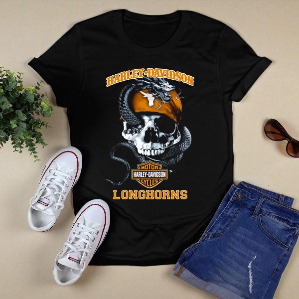 HD Motor Cycles Skull With Snake And Texas Longhorns T Shirt Style 1 Black 1