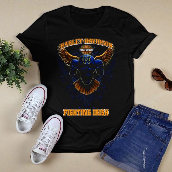 HD Motorcycles Notre Dame Fighting Irish Skulls Wings T Shirt Black 1