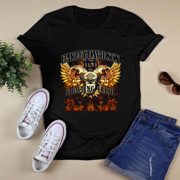 HD Notre Dame Fighting Irish Motorcycles Flames Winged Skulls T Shirt Black 1