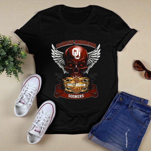 HD Oklahoma Sooners Ou Winged Skull Motorcycles T Shirt 1