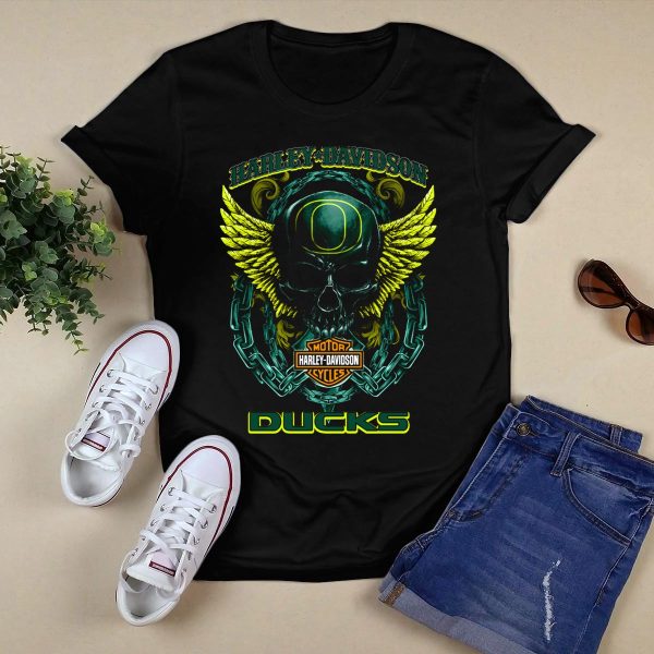 HD Oregon Ducks Motorcycles Skull With Wings T Shirt 1