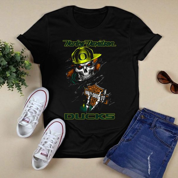 HD Oregon Ducks Skull Motorcycle T Shirt 1